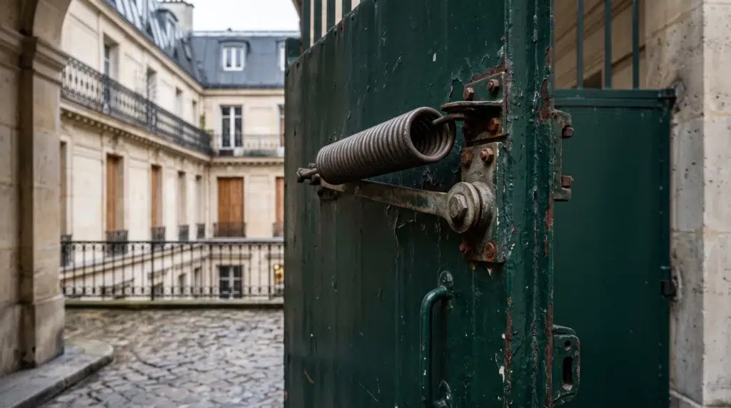 Ferme-porte à ressort spiral sur un portail métallique vert dans une cour d'immeuble haussmannien