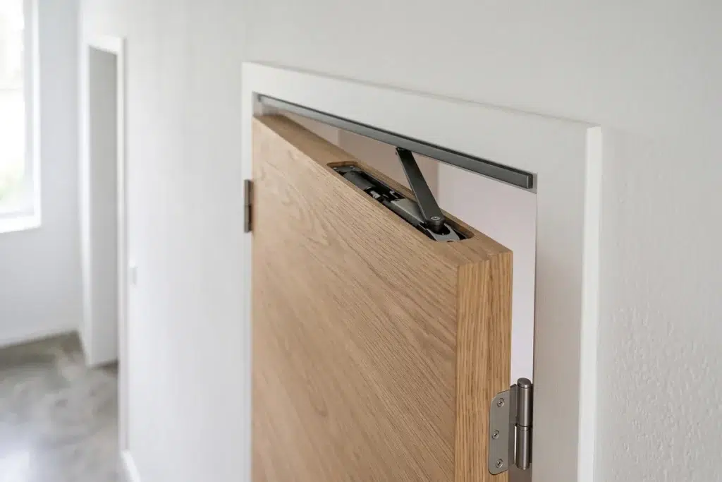 Ferme-porte encastré dans la réservation usinée du chant d'une porte en chêne, bras coulissant dans son rail