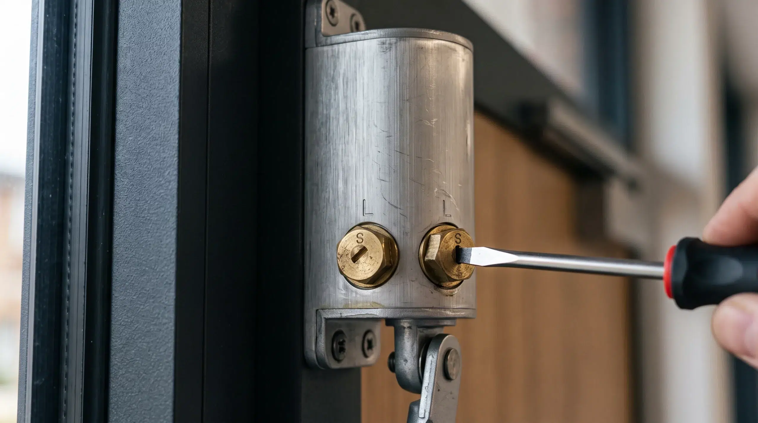 Réglage des vis en laiton d'un ferme-porte hydraulique au tournevis plat
