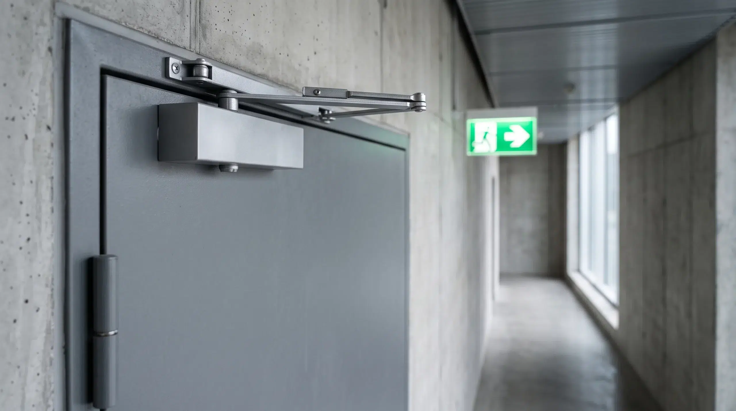 Ferme-porte hydraulique sur une porte coupe-feu dans le couloir d'un établissement recevant du public